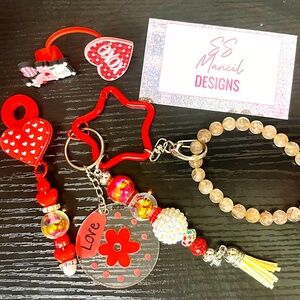 Keychain Set with matching straw charm and gnome straw topper Handmade beaded